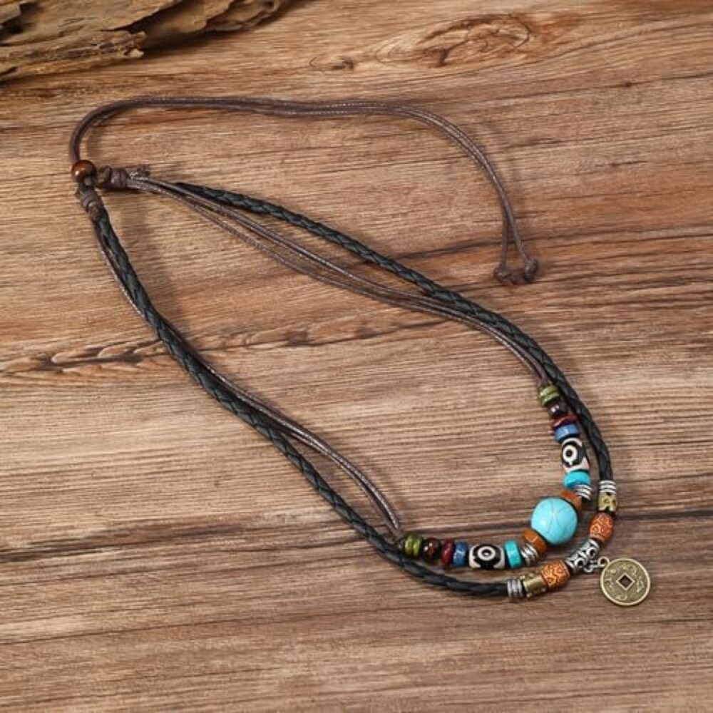 Layered Boho Wood Beads Choker Necklace Adjustable Hemp Cords Retro Fashion - Picture 4 of 8